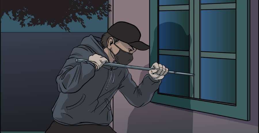 Illustration of burglar forcing entry through a window in Rockford