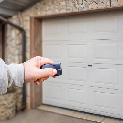 Rockford security key fob pointing to a garage door
